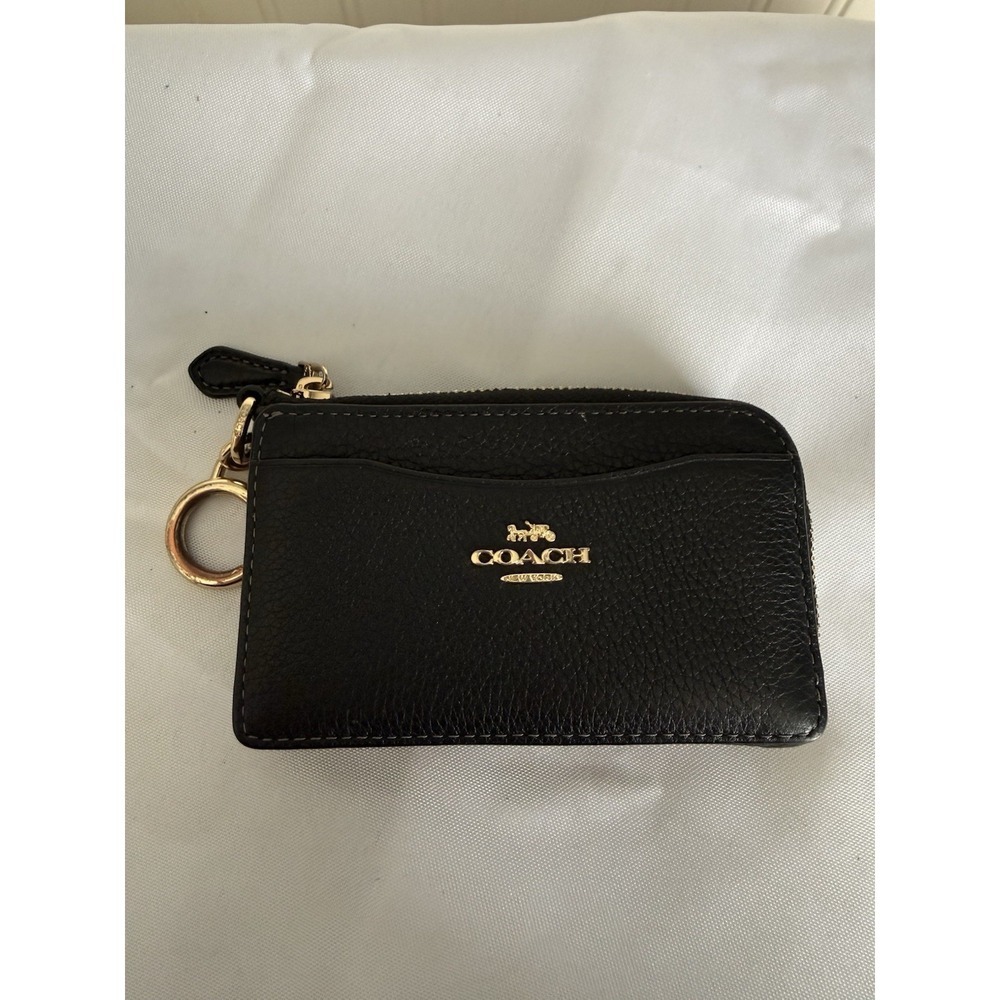 COACH Black Pebbled Leather Multi-Function Card Case Wallet Bag Charm Keychain